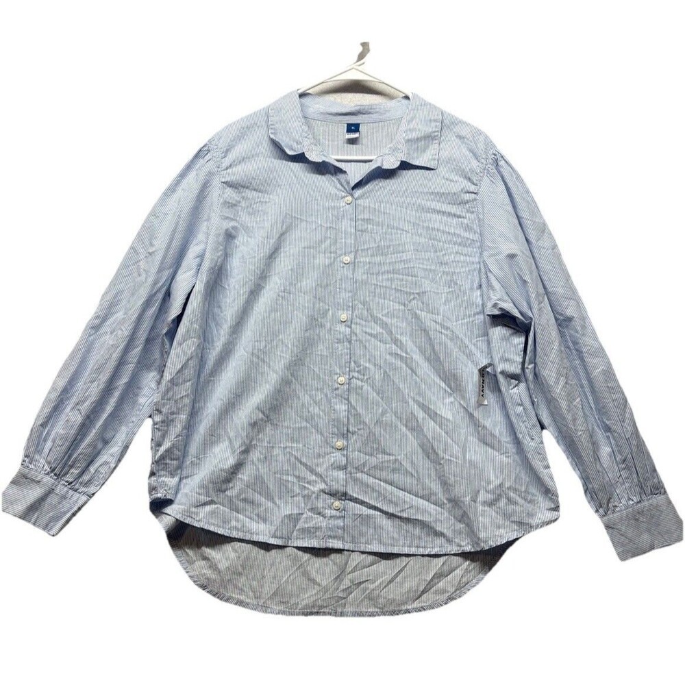 Old Navy Fem Poplin Long Sleeve Button Up Shirt XL Blue White Stripe Cotton NWT